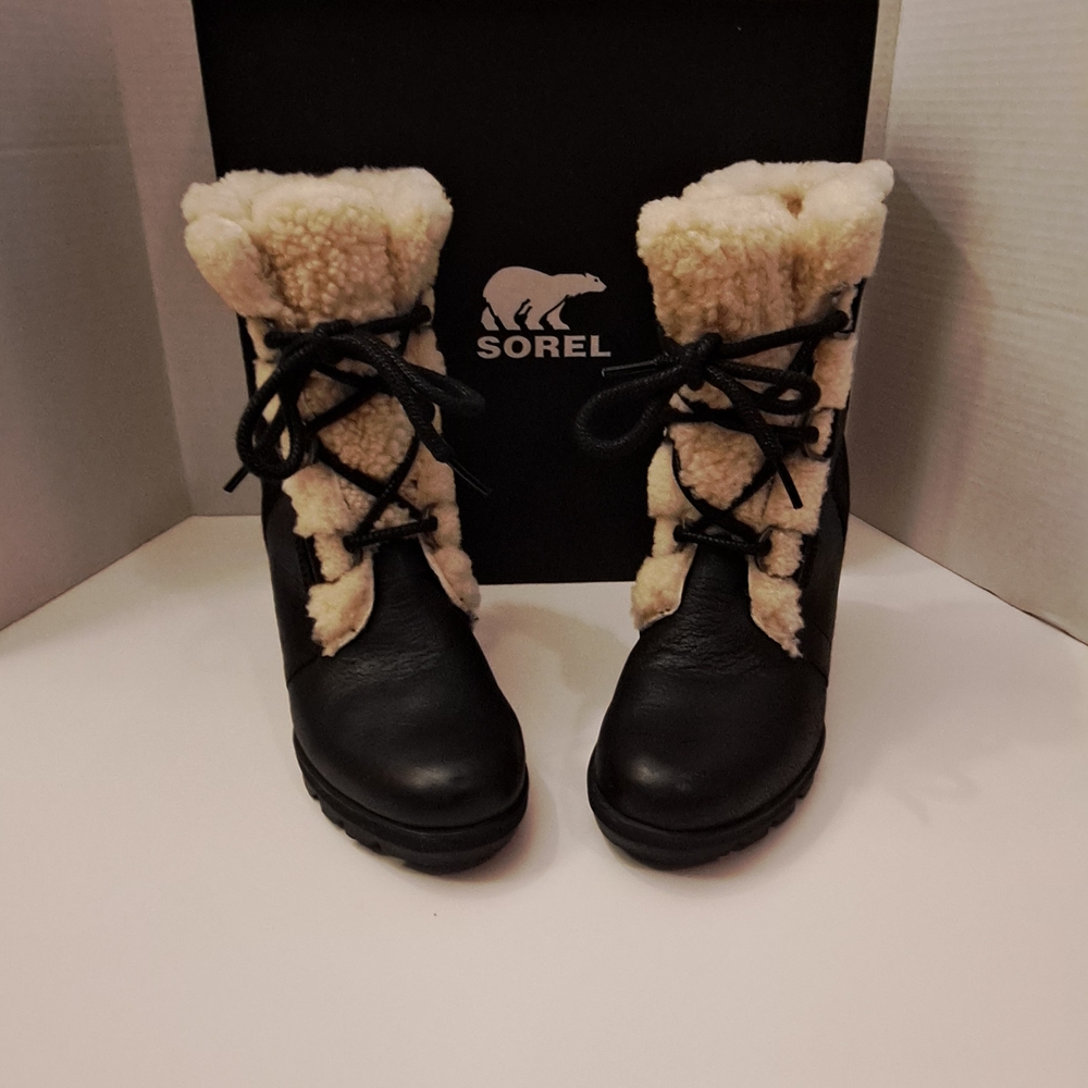 Leather Black and Cream Sorel Shearling Wedge Boots
